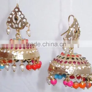 JADAU GOLD PLATED Dangler MULTICOLOR JHUMKA TEMPLE EARRINGS thumbnail-2