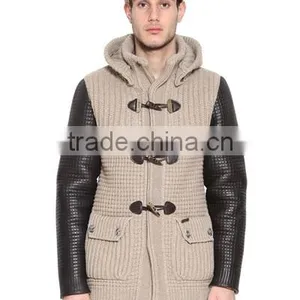 Men Hoodie Knitted Cardigan Leather Sleeve Wool Sweater Coat thumbnail-1