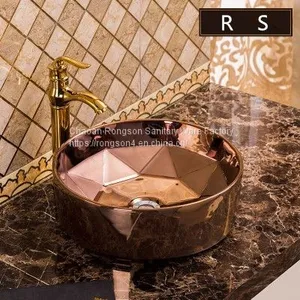Wholesale Chinese Chaozhou Bathroom Countertop Luxury Modern New Design Competitve Price Golden Ceramic Round Washbasin thumbnail-2