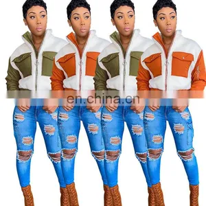 Stand Collar Long Sleeve Fleece Cropped Jackets Autumn Winter Zipper Pockets Plush Soft Coat Casual Color Block Furry Outerwear thumbnail-1