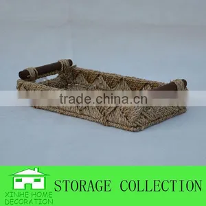 Rectangular Seagrass Woven Decorative Table Storage Tray With Wood Handle thumbnail-1