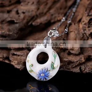 Czech Diamond Paved Enamel Famille Rose Porcelain Glazed Chrysanthemum Pendant Necklace thumbnail-3