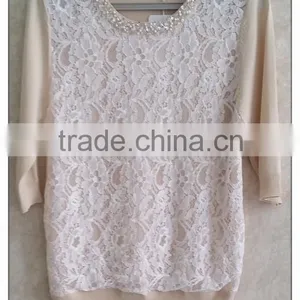 2015 Women Knitting Ladies' Blouse Short Sleeve Beaded Round Neck Pullover With Lace Patchwork thumbnail-1