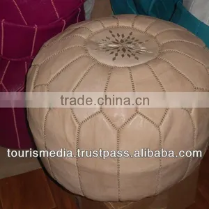 Light Tan Handmade Moroccan Leather Pouffe Ottomans Pouf thumbnail-1