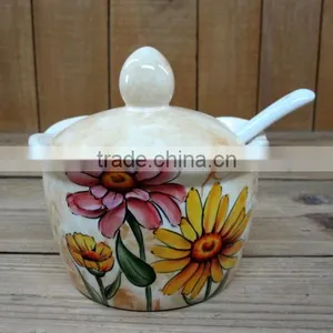 Wholesale Handpaint Daisy Ceramic Sugar Pot With Spoon Set thumbnail-1