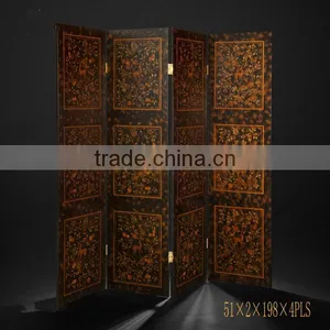 Traditional Hand Painting Three Door Folding Screen, Retro Furniture Decorative Wooden Floor Screen With Crackle thumbnail-4