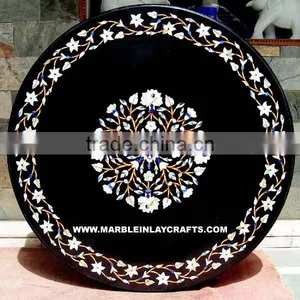 Black Marble Inlay Table Top Pietra Dura Coffee Table Top thumbnail-1