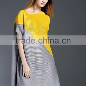 Women Pleat Trendy High Low Hem Design Sloping Shoulder Dress thumbnail-5