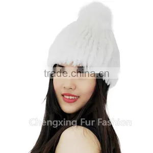 CX-C-58K Hand Knitted Genuine Rex Fur Beanie Hat With Fox Fur Ball thumbnail-1