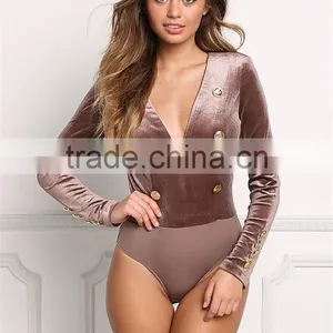 MGOO Fashion Custom Made Long Sleeves Bodysuits Velvet Breasted Tops V Neck Cocoa Polyester Spandex Blouses thumbnail-2