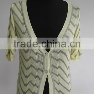 Ladies Fashion Stripe Knit 1/2 Sleeve Cardigan Sweater thumbnail-1