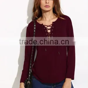 WOMEN'S APPAREL Burgundy Lace Up Long Sleeve T-shirt thumbnail-2