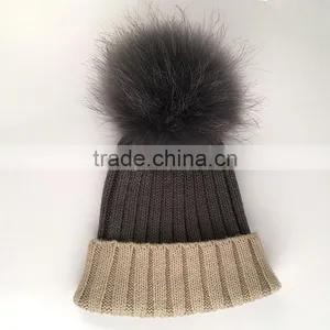 Myfur Beige/Grey Raccoon Fur Multi-Color Knitted Hat for Winter thumbnail-2