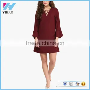 Summer Women's New Fashion Clothing 2016 Maroon Bell Sleeve Shift Dresses thumbnail-1