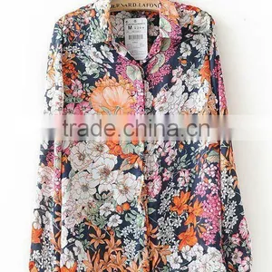 European Women Flower Printed Chiffon Blouse thumbnail-1