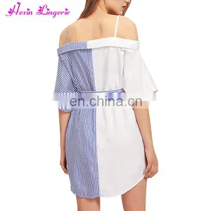 Hot Sale Halter Striped Short Sleeve Overbust Sexy Midi Off - Shoulder Dress thumbnail-4