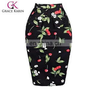 Grace Karin Occident Sexy Women Hips Wrapped Short Vintage Retro Dress Cotton Cherry Printed Skirt CL008928-4 thumbnail-1