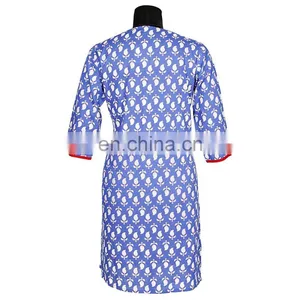 BLUE LEAVE PRINTED LATEST PATTERN WITH RED PATTI ON NECK 100% COTTON thumbnail-1