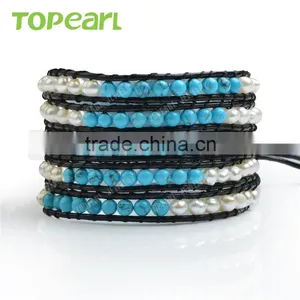 Topearl Jewelry Freshwater Pearl Blue Turquoise Charm Bracelet Woven Leather Wrap Bangle for Women 33.5 InchesCLL134 thumbnail-1