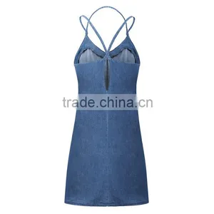 2015 Fashion Hot Girl Sexy Backless Cross Spaghtti Strap Denim Dress thumbnail-1