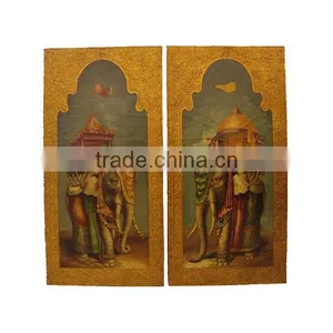Noble Hand Painted Elephant Pattern Wall Painting, A Pair of Decor Wood Hanging Wall Picture, Classical Drawing Hanging Wall Art thumbnail-1