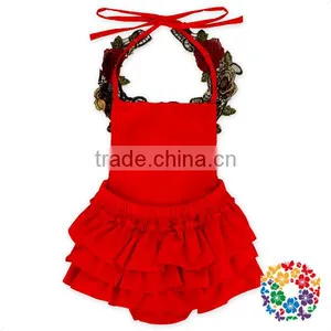 Wholesale Solid Color Ruffle Halter With Embroidery Flower Romper Baby Cotton Jumpsuit thumbnail-4