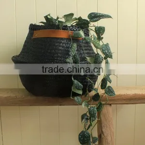 Black Seagrass Basket With Leather Handles/ Seagrass Basket for Home Decoration thumbnail-2