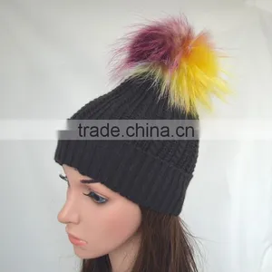 Myfur Black Color Unisex Winter Woolen Beanie With Fur Pompom Top thumbnail-1