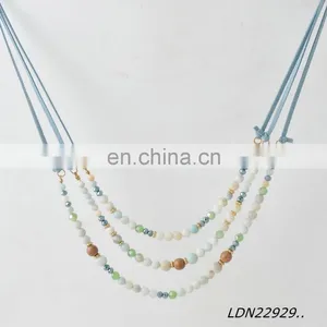 Bohemian Fashion Layered Light Blue Suede Necklace Amazonitel Stone Beaded Necklace thumbnail-5