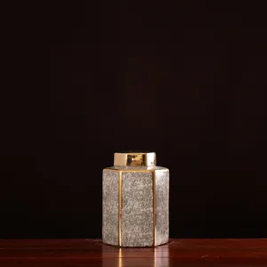 Hexagon White Porcelain Unique Black Gold Ceramic Vase For Model Room Decor thumbnail-3