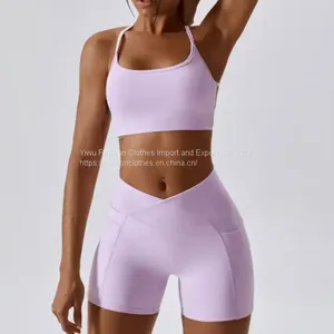 Wholesale Fitness Yoga Wear 2 Piece Active Wear Set Women Gym Multi Strap Open Back Sports Bra Front Cross Over Mini Shorts Set thumbnail-3