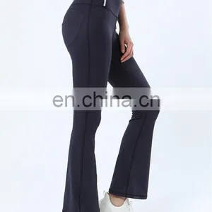 Wholesale Nude High Waist Back Pocket Flared Yoga Leggings Peach Hip Wide Leg Sports Gym Pants For Women Active Exercise Wearn thumbnail-3