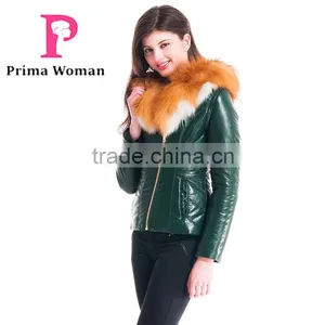 New Design Winter Women Short Slim Fit Leather Jacket With Red Fox Hat Overcoat thumbnail-5