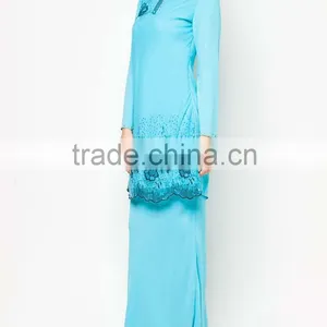 Blue Beaded Printed Made in China Long Sleeve Muslim Dress thumbnail-3