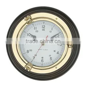 Brass Polished Port Hole Clock Wood Base, Porthole Wall Clock thumbnail-1