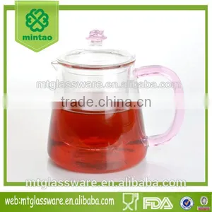 570ml Clear Heat Resistant Glass Tea Pot With Glass Infuser Pink Handle Rose Lid thumbnail-1