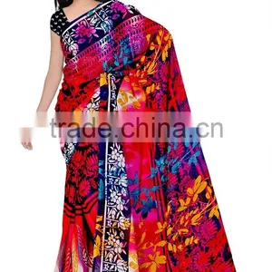 Flower Printed Black & Red Glamour Saree With Blouse thumbnail-1