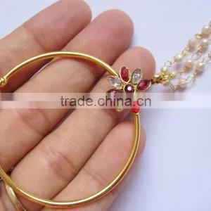 BIG HOOP NATH Press NOSE RING GOLD PLATED POLKI PEARL String thumbnail-3