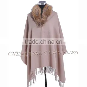 CX-B-P-44F Ladies Latest Design Genuine Raccoon Fur Collar Wool Cashmere Fringed Pashmina Shawl thumbnail-6