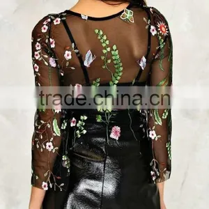 Runwaylover 107 Ladies 2017 Summer Lace Embroidery Transparent Blouse thumbnail-3
