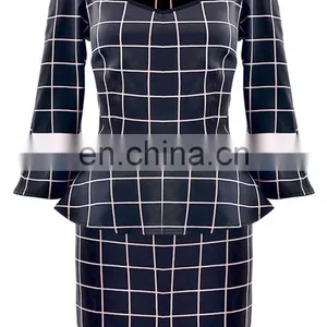 2015 New Product Elegant Fancy Windowpane Plaid Print Women Peplum Dress Long Sleeve Wholesale thumbnail-2