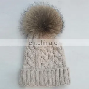 Fashion Knit Cable Hats With Big Natural Raccoon Fur Pom Poms thumbnail-1
