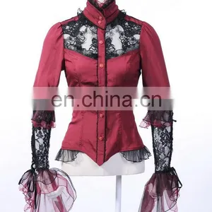 Gothic Dark Red Shirt With Ruffled Sleeves and Floral Lace Mesh thumbnail-1