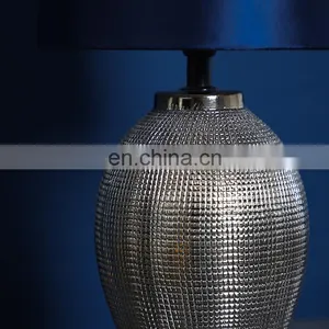 Bucket Shape Unique Silver Embossed Surface Small Dark Blue Nightstand Lamps Ceramic in Bulk thumbnail-2