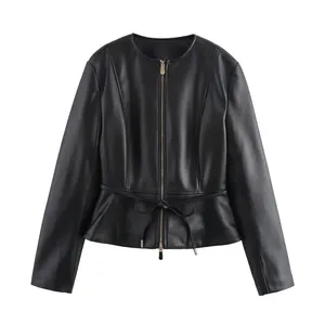 European and American Style Spring New Short Skirt Style Hem With Waist Cinching Imitation PU Leather Jacket Jacket for Women thumbnail-1