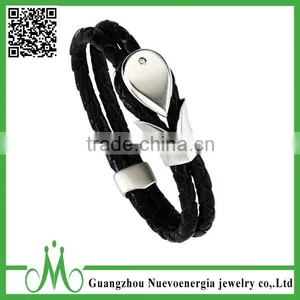 Wide Black Stainless Steel Adjustable PU Leather Punk Jewelry Cool Men's Bangle Bracelet thumbnail-6