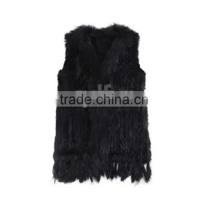 QDMJ006 Lady Clothes Long Knit Rabbit Fur Vest With Raccoon Dog Fur Collar For Women Clothing thumbnail-6