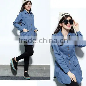Denim Jacket 2014 New Women Coat Female Long European Full Regular Sleeves Slim Metal Buttons Jean Jackets Solid WholeSale thumbnail-5
