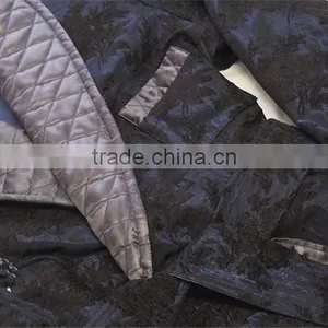 Wholesale Warm Winter Men's Floral Navy Silk Bathrobe With Quilted Gray Shawl Collar thumbnail-3