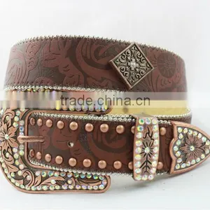 2015 New Design Western Rhinestone Leather Belt With Square Conshos With Crystals thumbnail-1